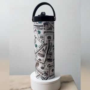Money Print Water Bottle with Black Lid